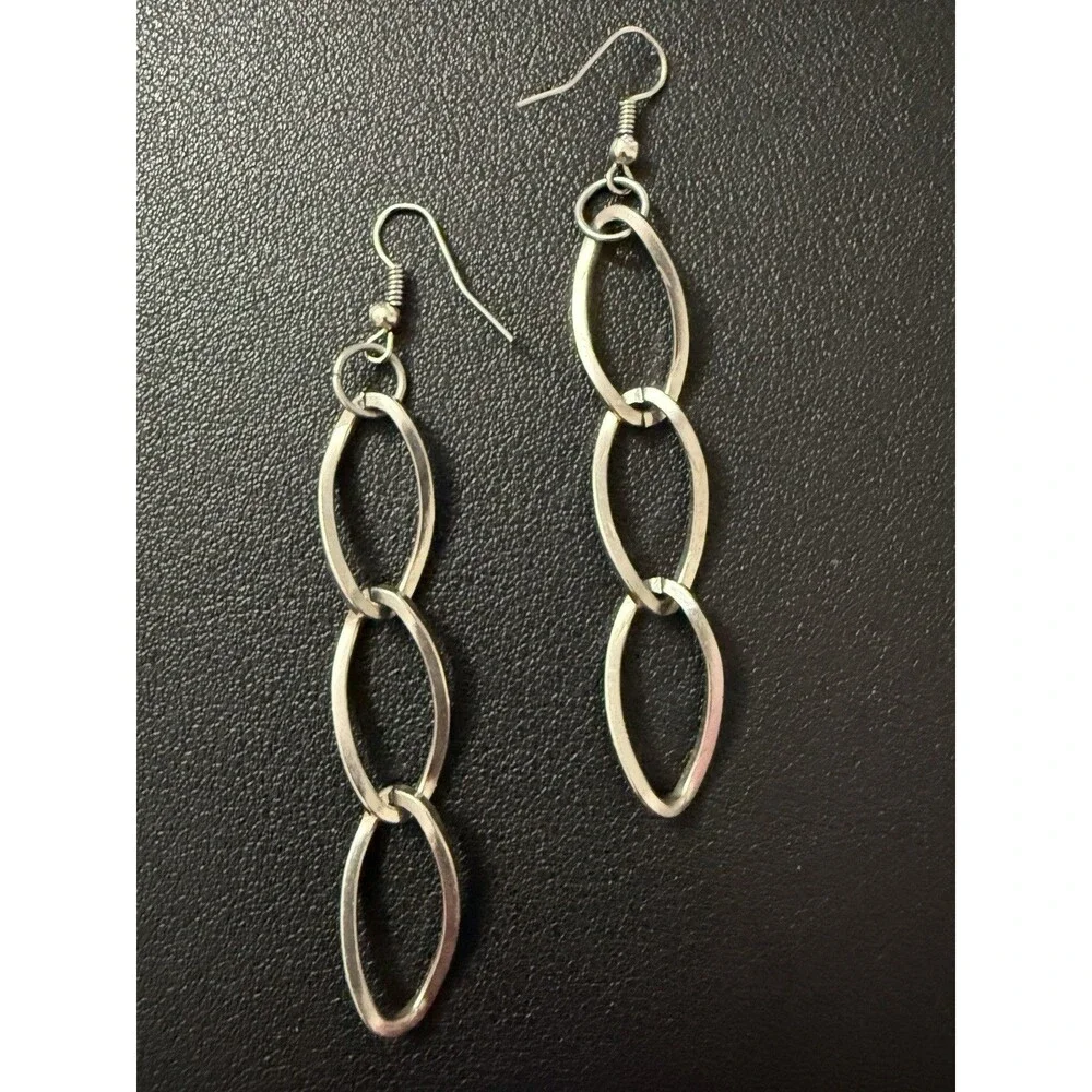 Womens Earrings Long Chain Link Silver Tone French Wire Pierced Dangle Approx 3”